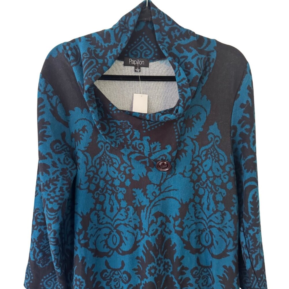 Papillon Teal & Black Baroque Knit Tunic Dress Cowl Neck Size Large - Picture 7 of 8
